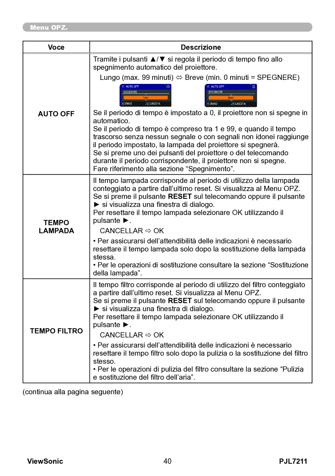 ViewSonic VS12890 manual Auto OFF, Tempo, Lampada 