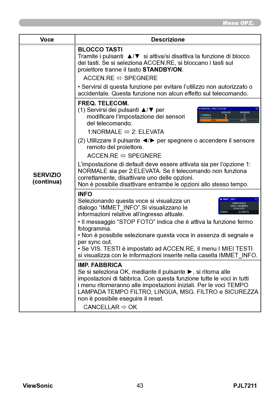 ViewSonic VS12890 manual Blocco Tasti, FREQ. Telecom, Continua, Info, IMP. Fabbrica 