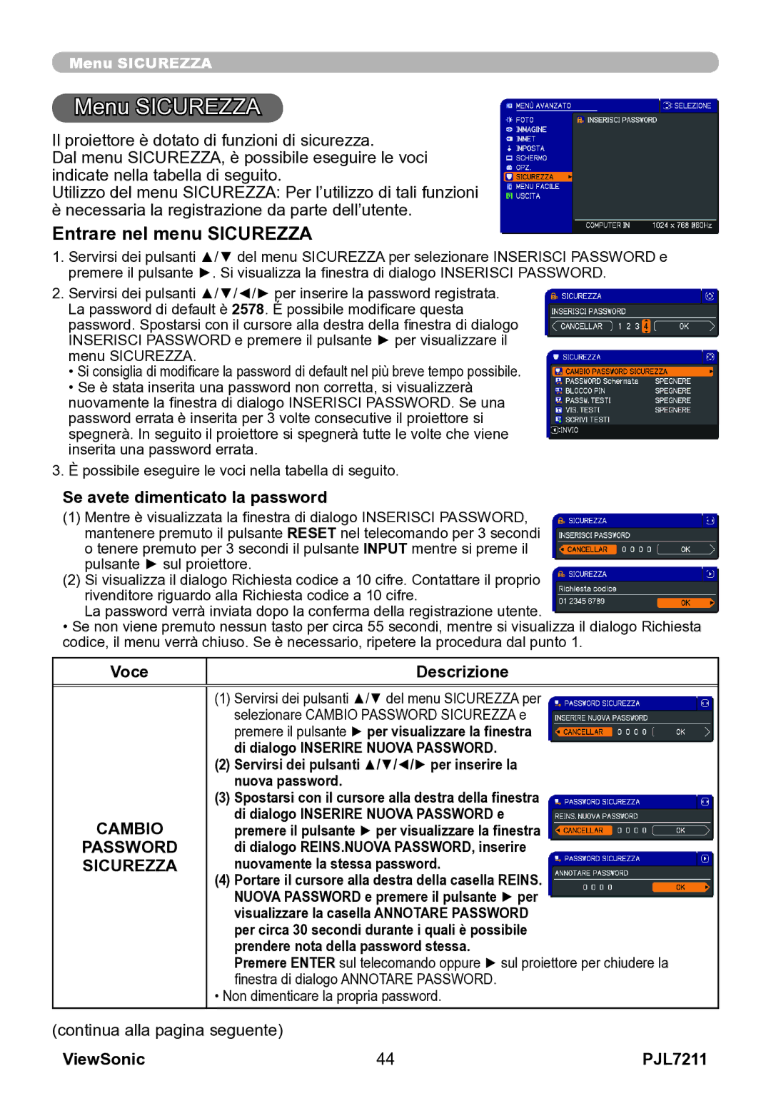 ViewSonic VS12890 Menu Sicurezza, Entrare nel menu Sicurezza, Se avete dimenticato la password, Cambio Password Sicurezza 