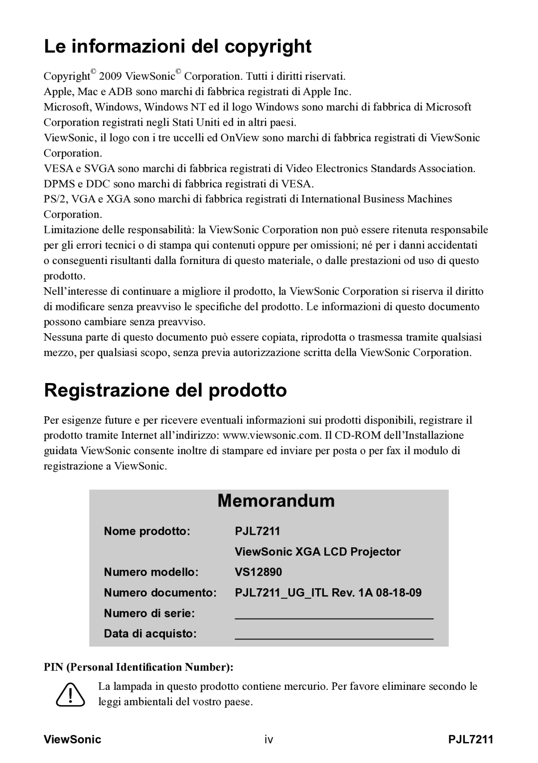 ViewSonic VS12890 manual Le informazioni del copyright 