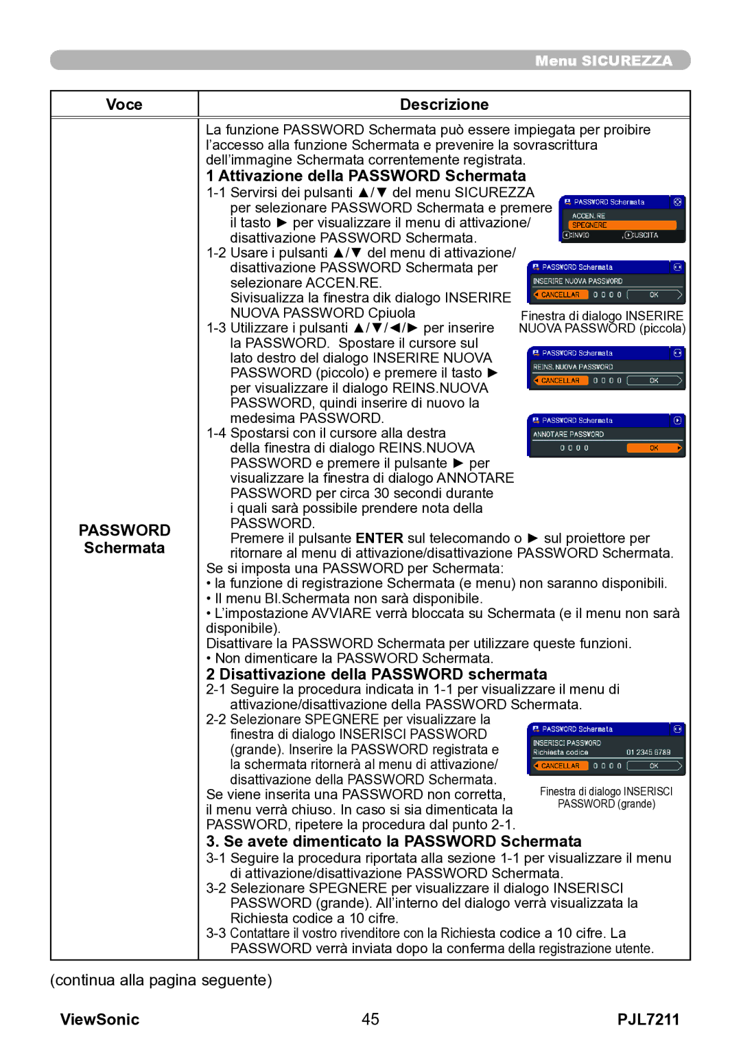 ViewSonic VS12890 manual Attivazione della Password Schermata, Disattivazione della Password schermata 