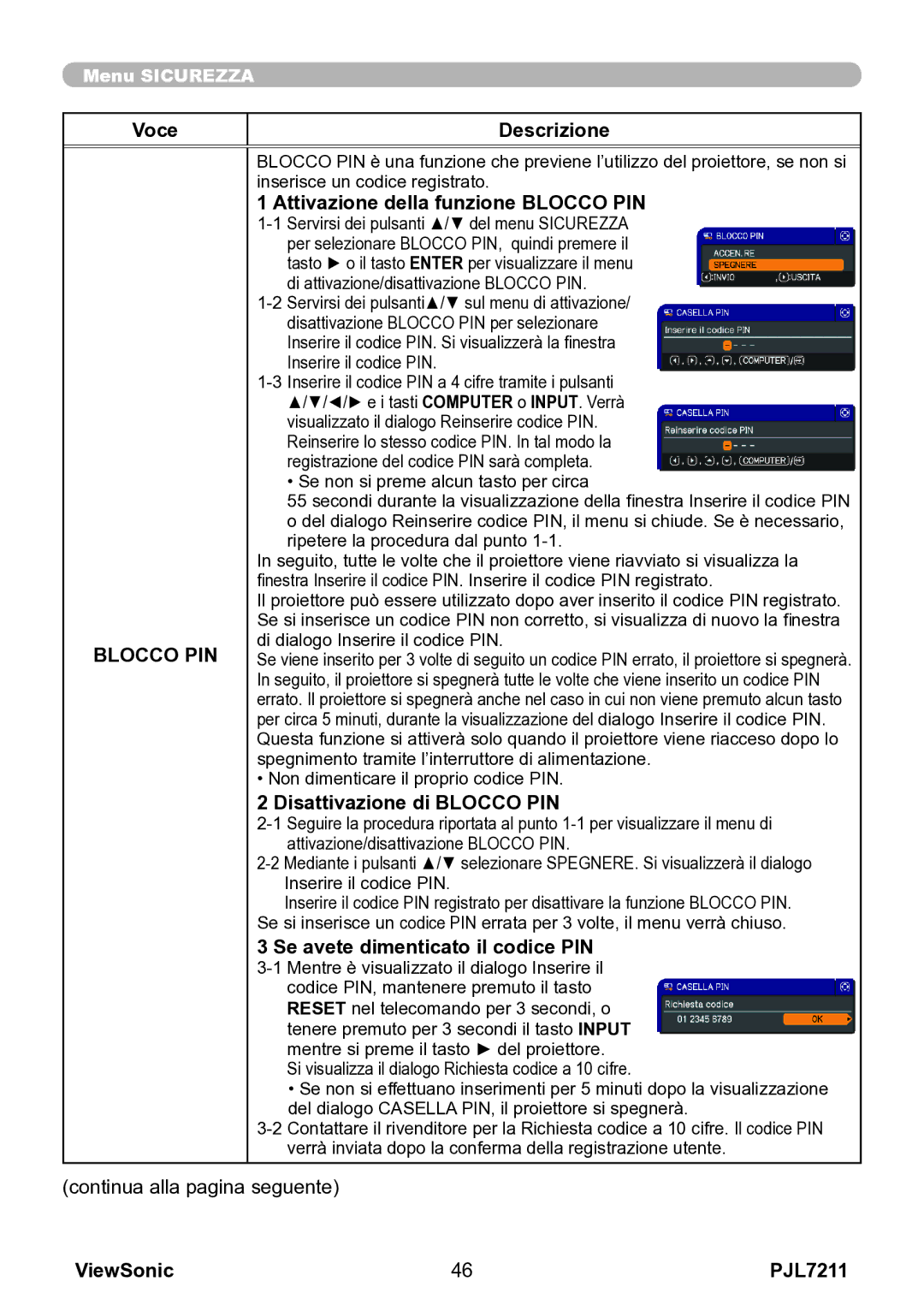 ViewSonic VS12890 manual Attivazione della funzione Blocco PIN, Disattivazione di Blocco PIN 