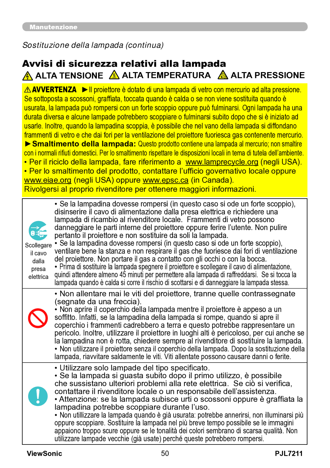 ViewSonic VS12890 manual Avvisi di sicurezza relativi alla lampada, Alta Tensione Alta Temperatura Alta Pressione 