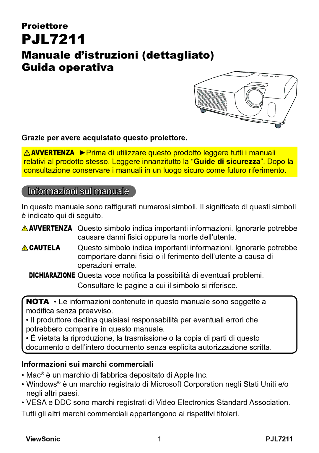 ViewSonic VS12890 Informazioni sul manuale, Grazie per avere acquistato questo proiettore 