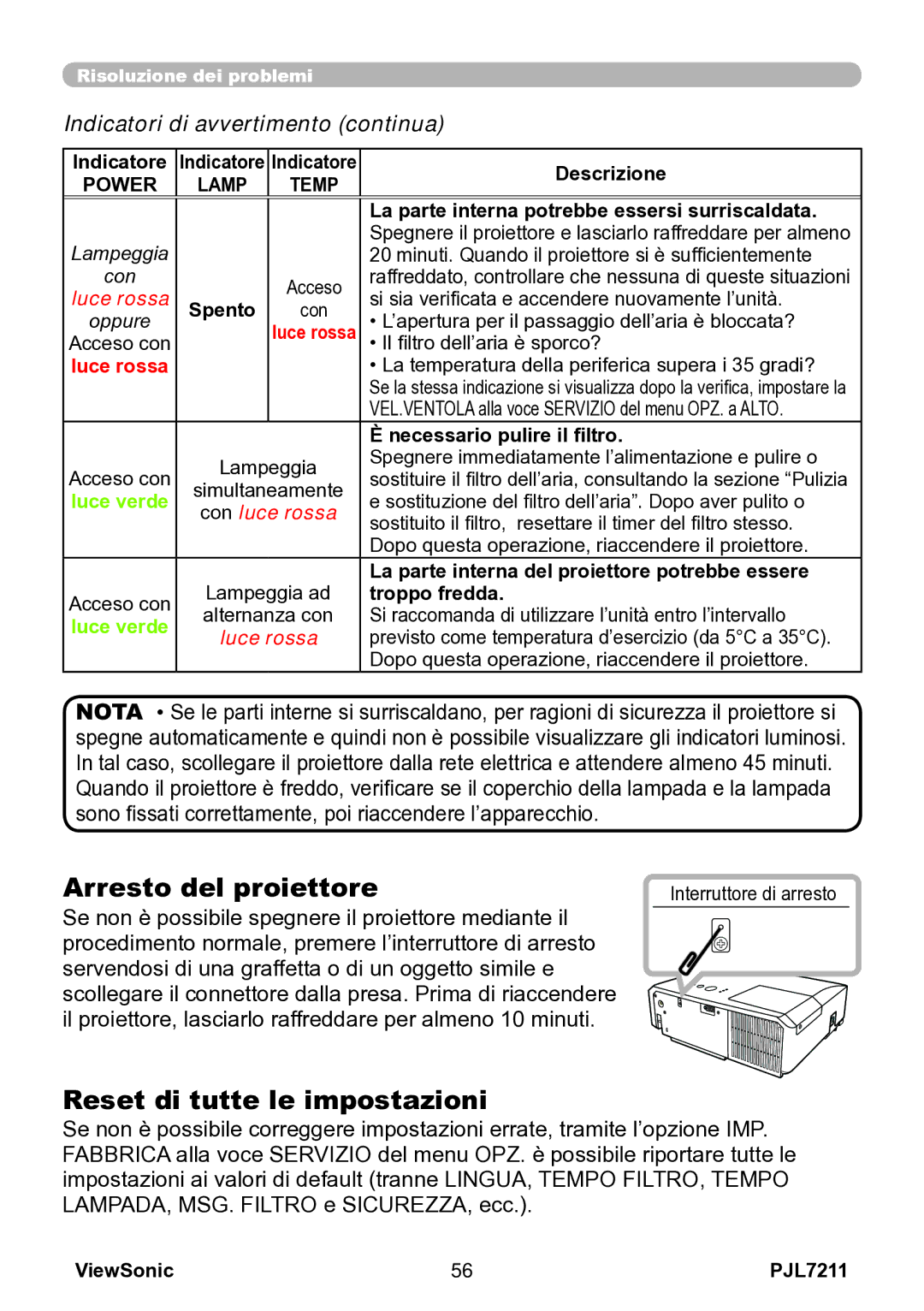 ViewSonic VS12890 manual Arresto del proiettore, Reset di tutte le impostazioni, Power 