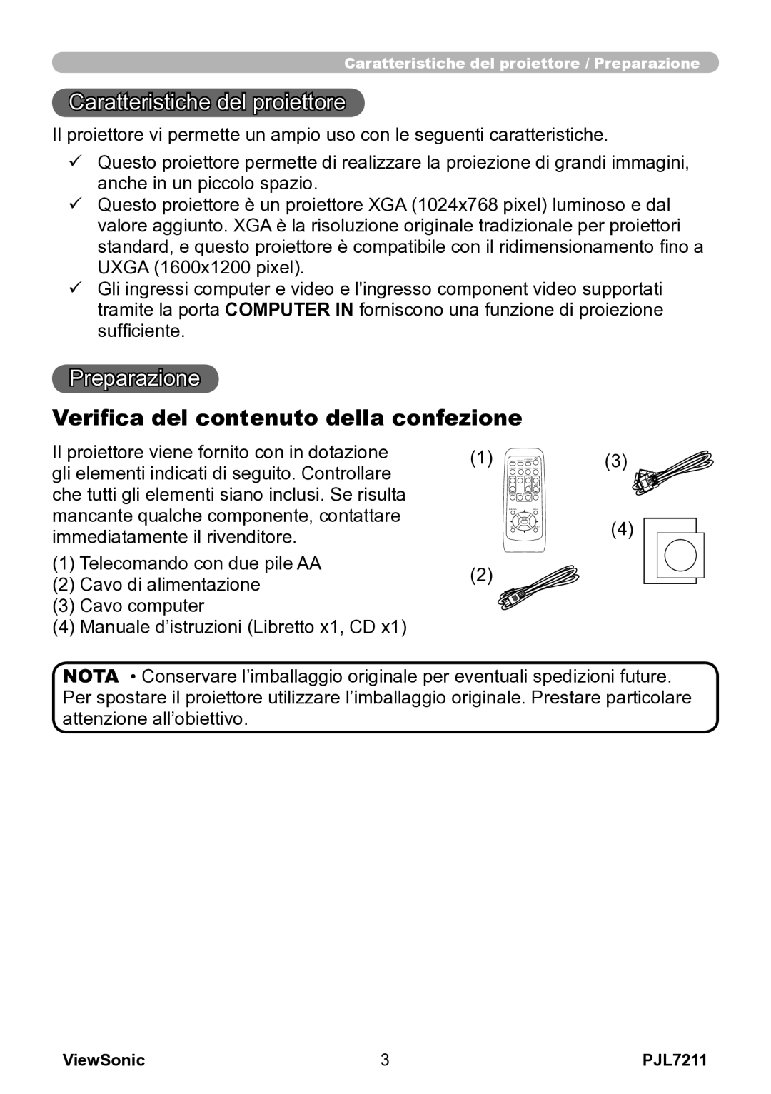 ViewSonic VS12890 manual Caratteristiche del proiettore, Preparazione, Verifica del contenuto della confezione 