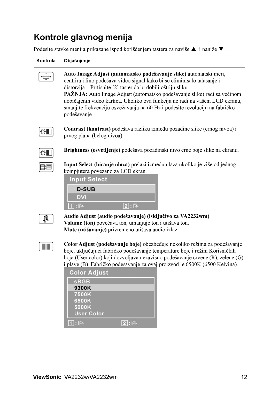 ViewSonic VS12910 manual Kontrole glavnog menija, Audio Adjust audio podešavanje isključivo za VA2232wm 