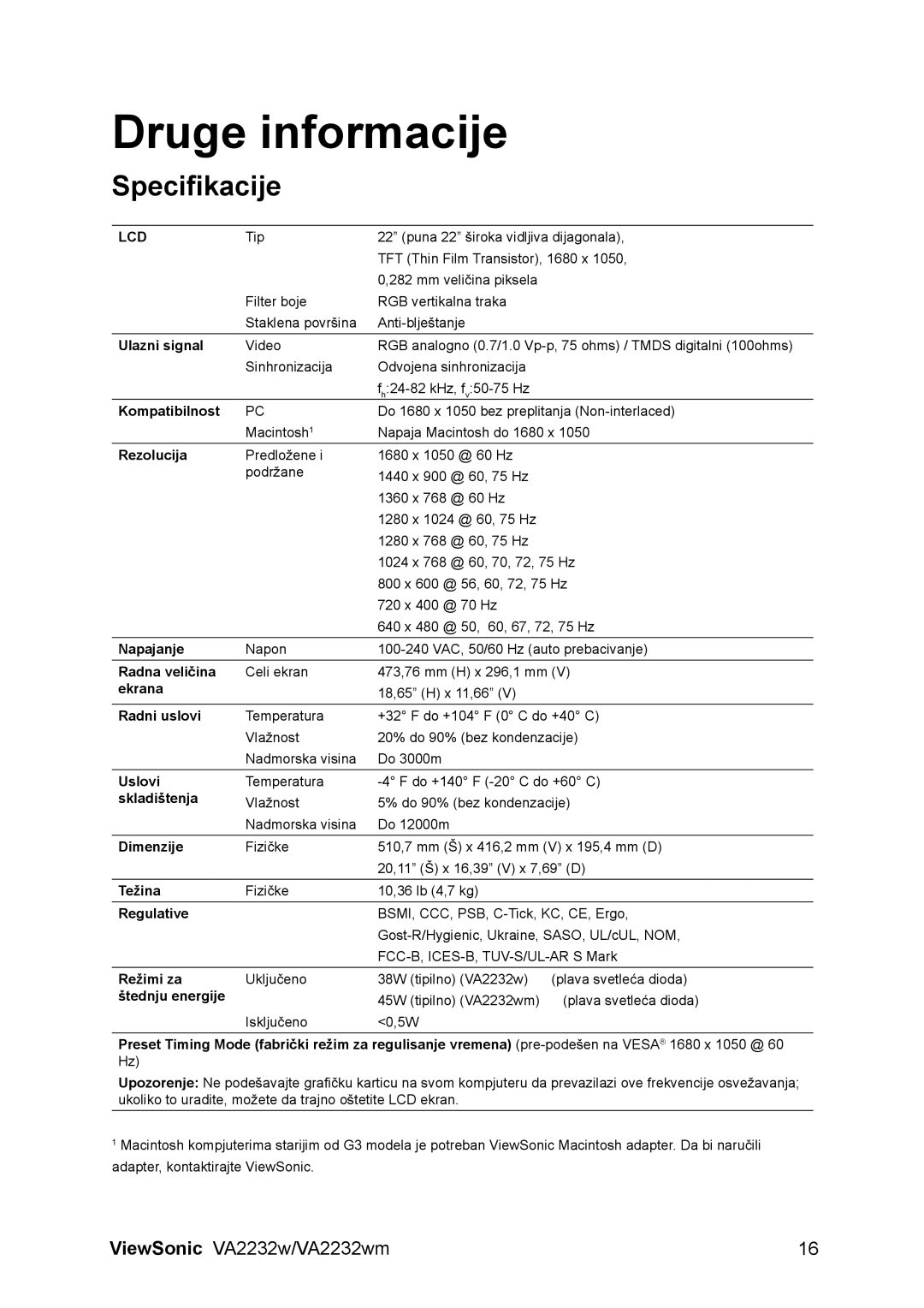 ViewSonic VS12910 manual Druge informacije, Specifikacije 