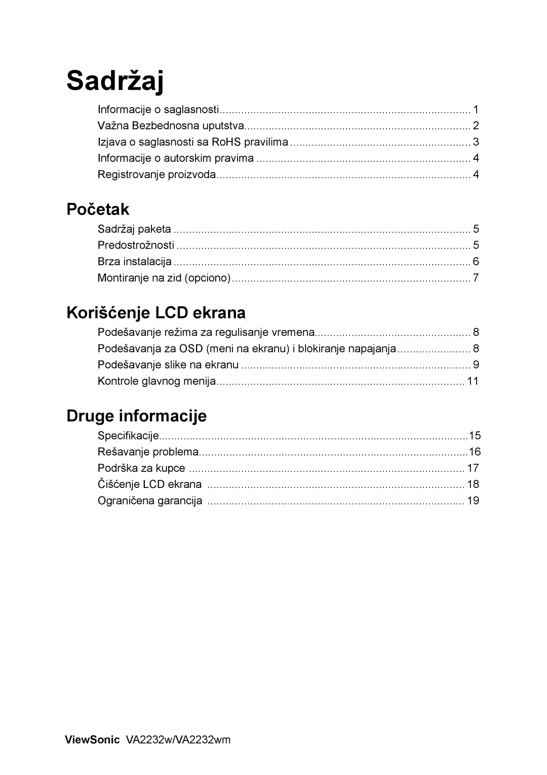 ViewSonic VS12910 manual Sadržaj, Početak, Korišćenje LCD ekrana, Druge informacije 