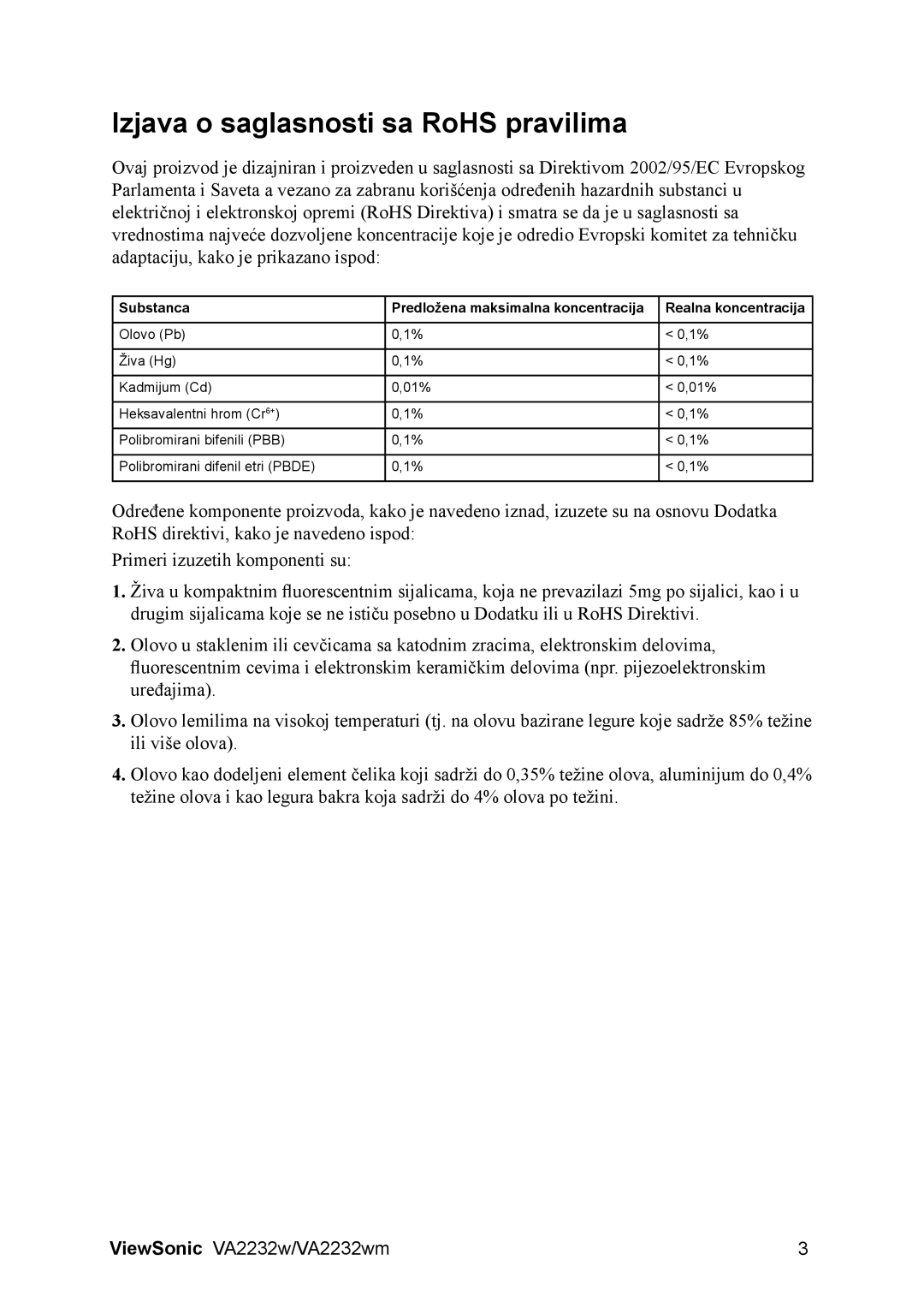 ViewSonic VS12910 manual Izjava o saglasnosti sa RoHS pravilima 