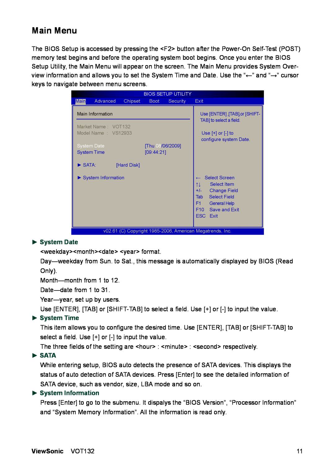 ViewSonic VS12933 manual Main Menu, System Date, System Time, Sata, System Information, ViewSonic VOT132 