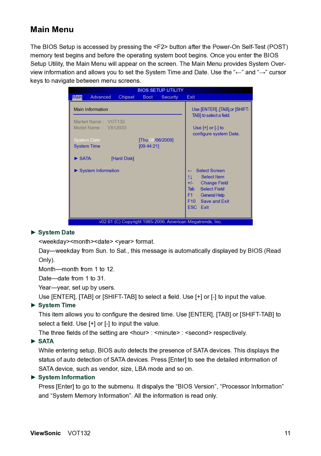 ViewSonic VS12933 manual Main Menu, System Date, System Time, System Information 