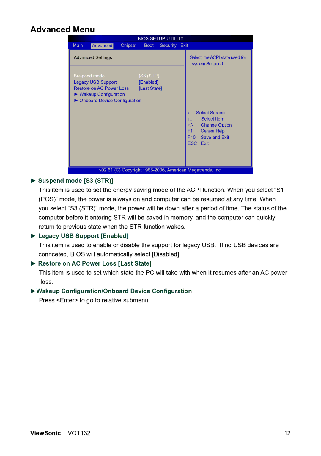 ViewSonic VS12933 Advanced Menu, Suspend mode S3 STR, Legacy USB Support Enabled, Restore on AC Power Loss Last State 