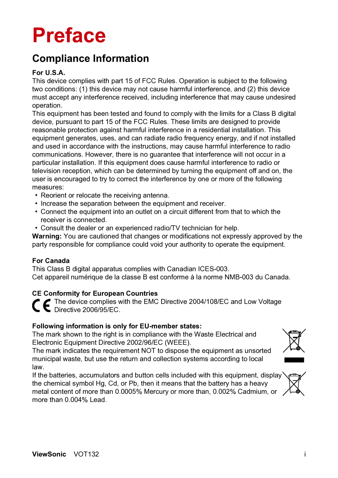 ViewSonic VS12933 manual Preface, Compliance Information 