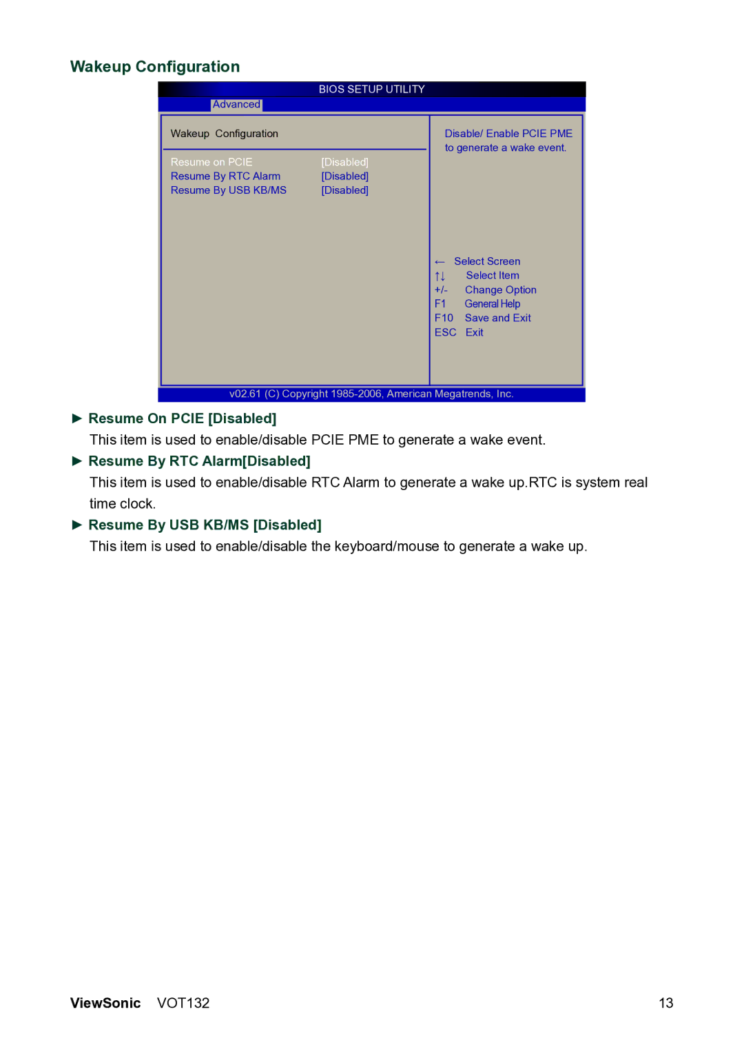 ViewSonic VS12933 manual Resume On Pcie Disabled, Resume By RTC AlarmDisabled, Resume By USB KB/MS Disabled 