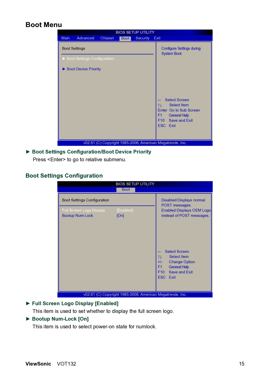 ViewSonic VS12933 manual Boot Menu, Boot Settings Configuration/Boot Device Priority, Full Screen Logo Display Enabled 