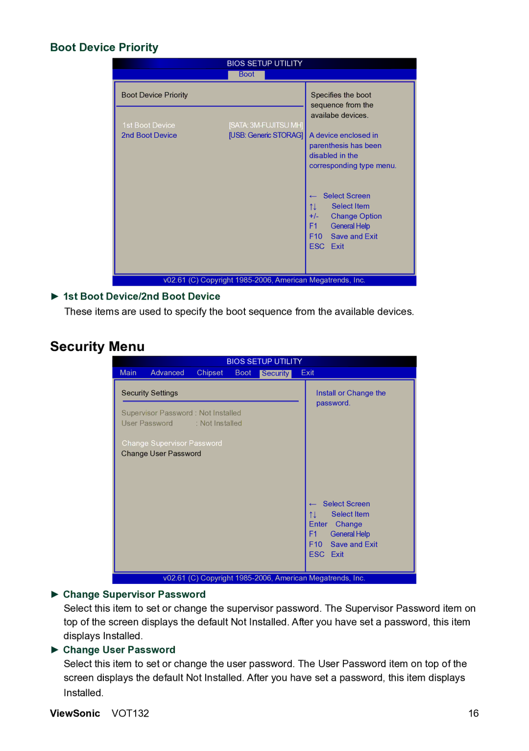 ViewSonic VS12933 manual Security Menu, 1st Boot Device/2nd Boot Device, Change Supervisor Password, Change User Password 