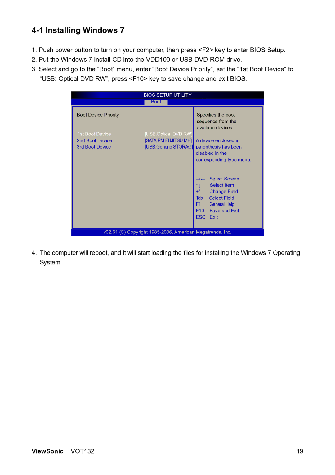 ViewSonic VS12933 manual Installing Windows, 1st Boot Device USBOptical DVD RW 