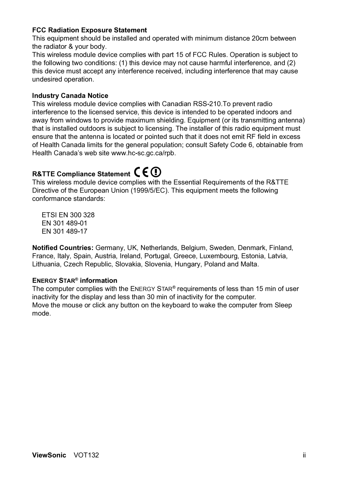 ViewSonic VS12933 manual FCC Radiation Exposure Statement 