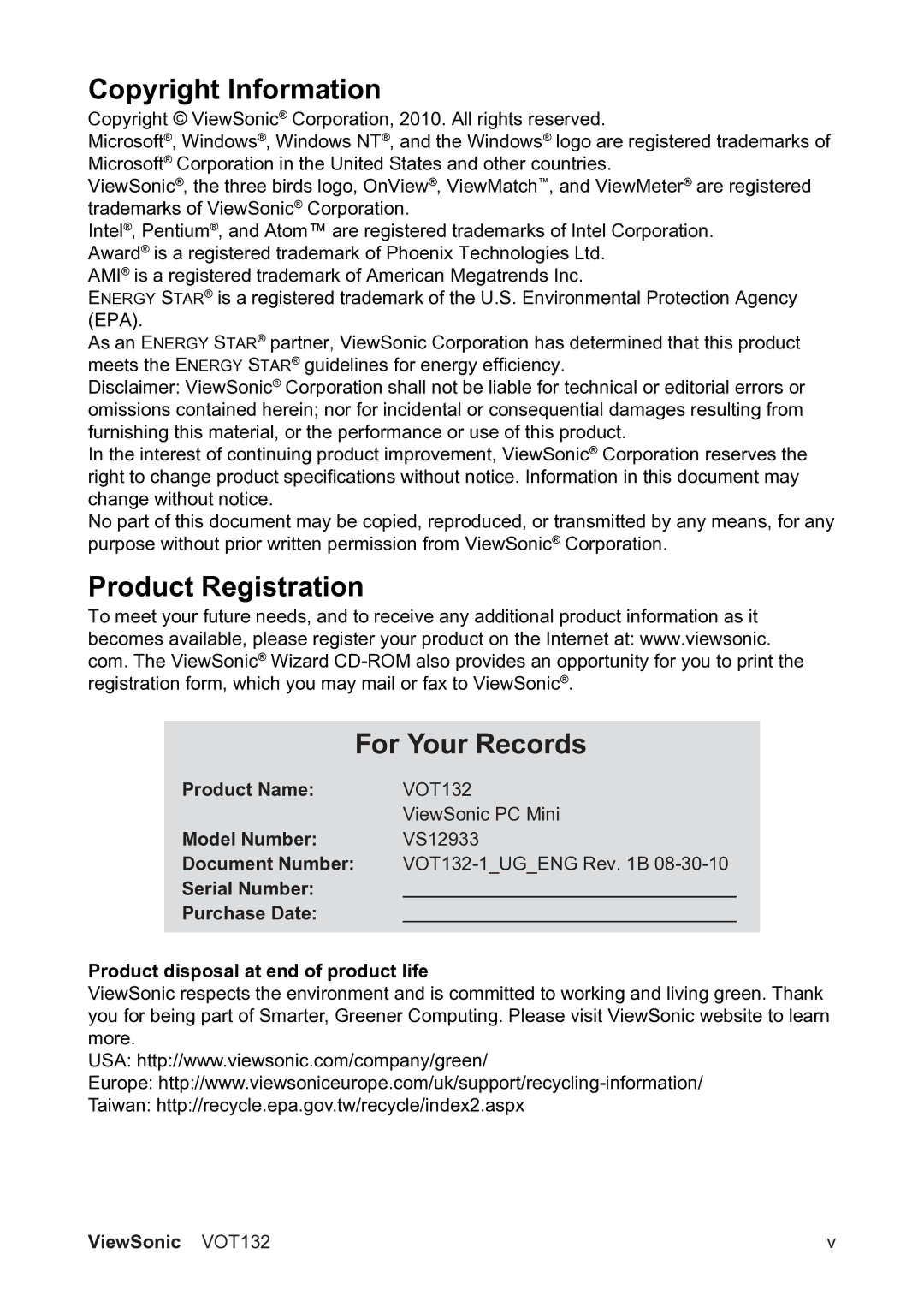 ViewSonic VS12933 manual Copyright Information, Product Registration For Your Records, Document Number 