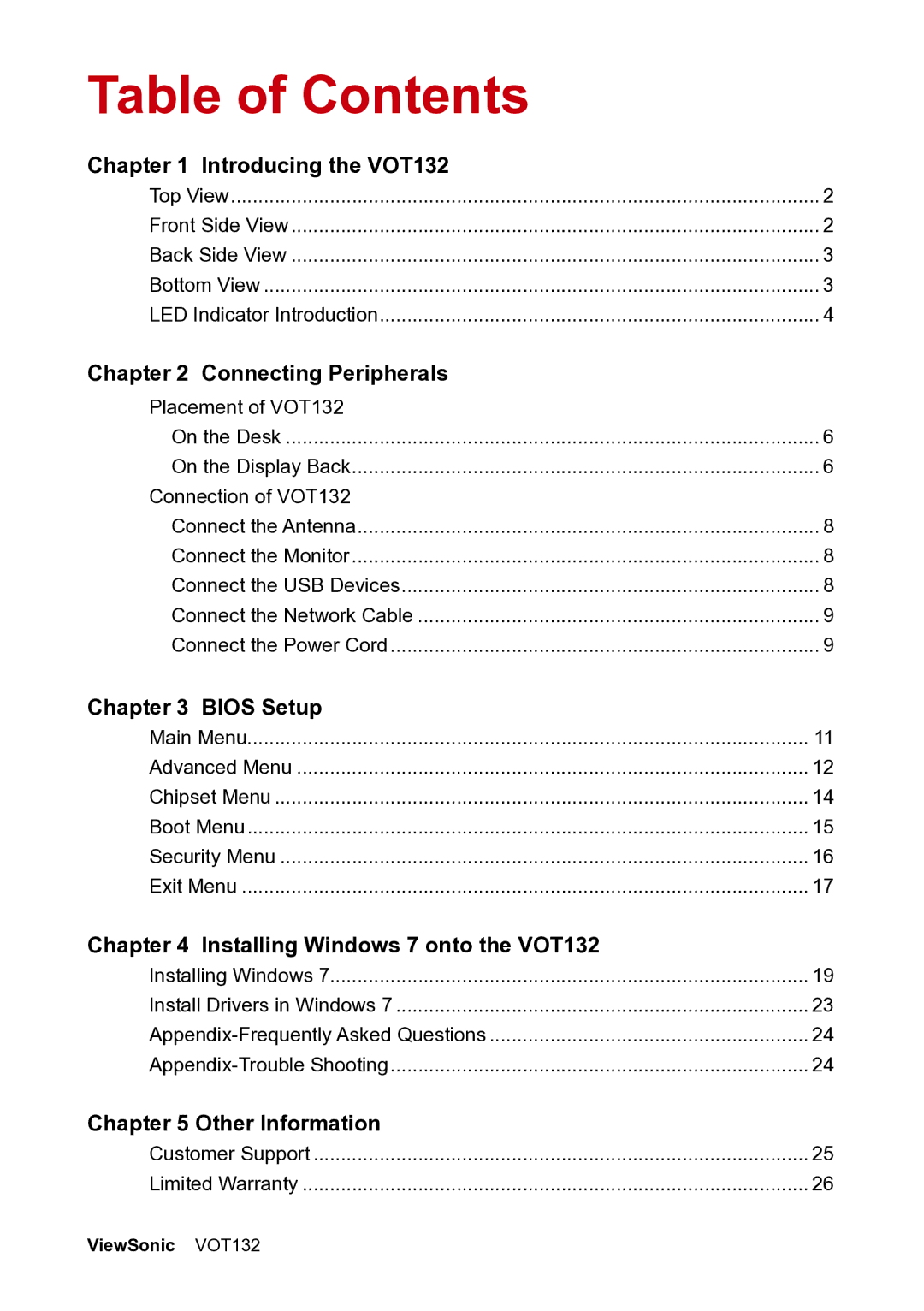 ViewSonic VS12933 manual Table of Contents 