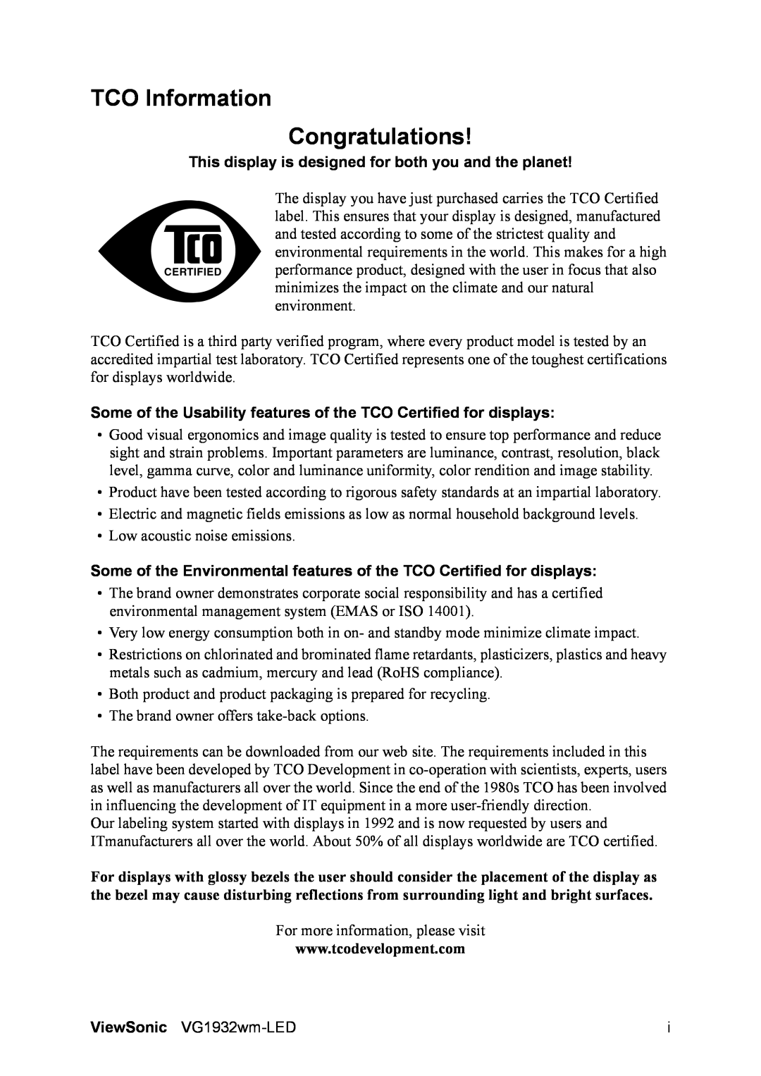 ViewSonic VS12939 warranty TCO Information Congratulations 