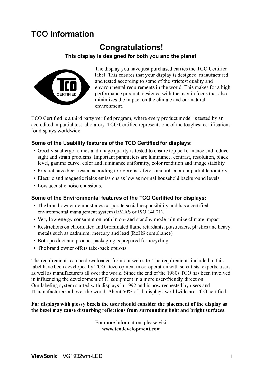 ViewSonic VS12939 warranty TCO Information Congratulations, This display is designed for both you and the planet 