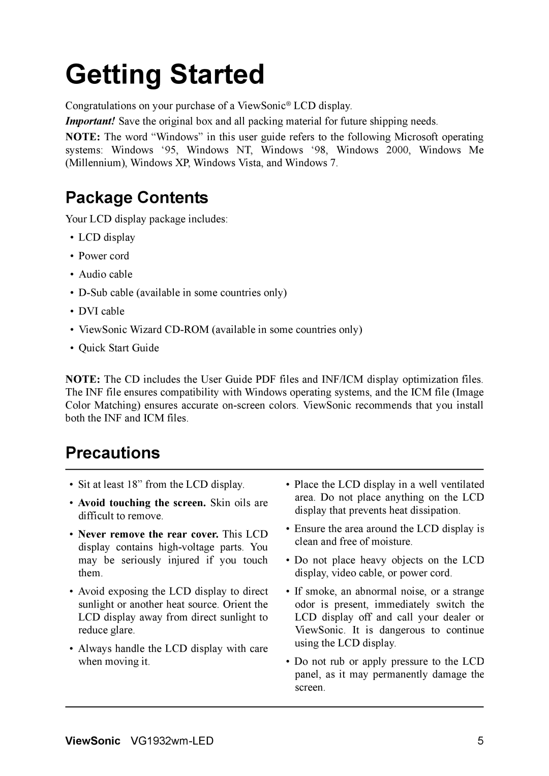 ViewSonic VS12939 warranty Package Contents, Precautions 