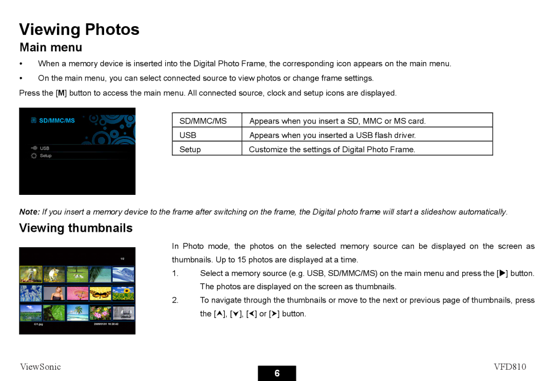 ViewSonic VS12978 warranty Viewing Photos, Main menu, Viewing thumbnails 