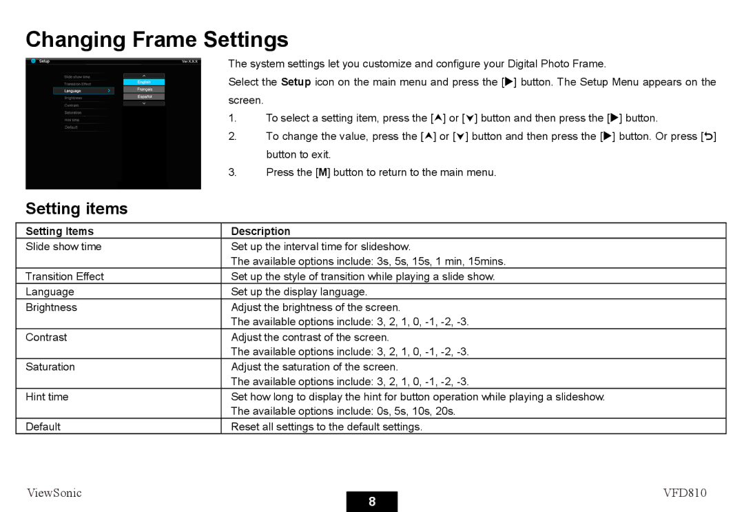 ViewSonic VS12978 warranty Changing Frame Settings, Setting items 