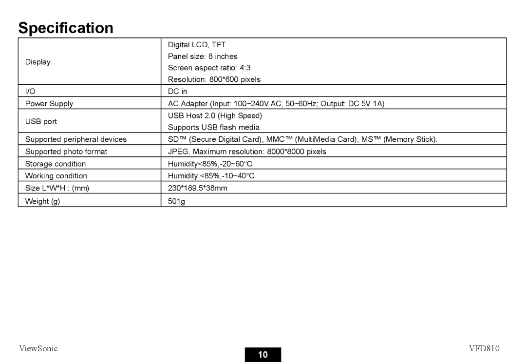 ViewSonic VS12978 warranty Specification 