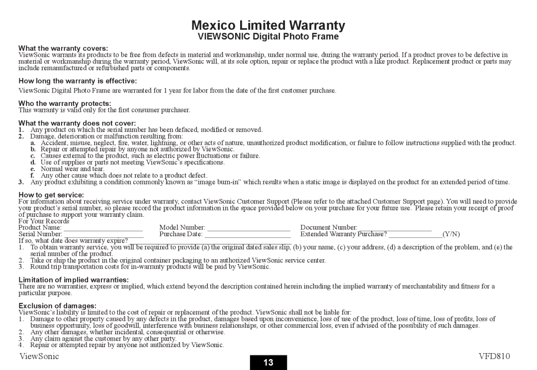 ViewSonic VS12978 warranty Mexico Limited Warranty 