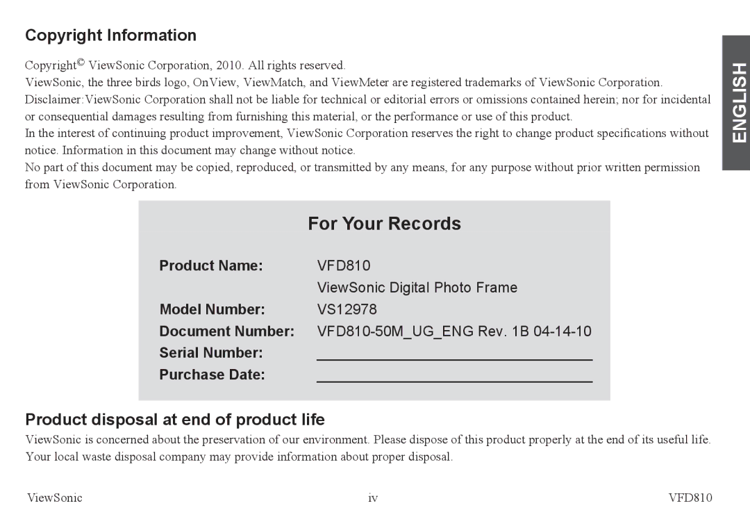 ViewSonic VS12978 warranty Copyright Information, Product disposal at end of product life 