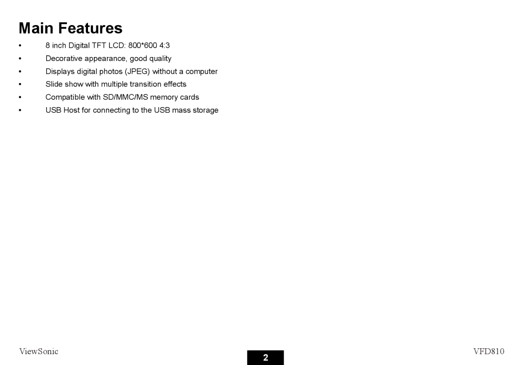 ViewSonic VS12978 warranty Main Features 