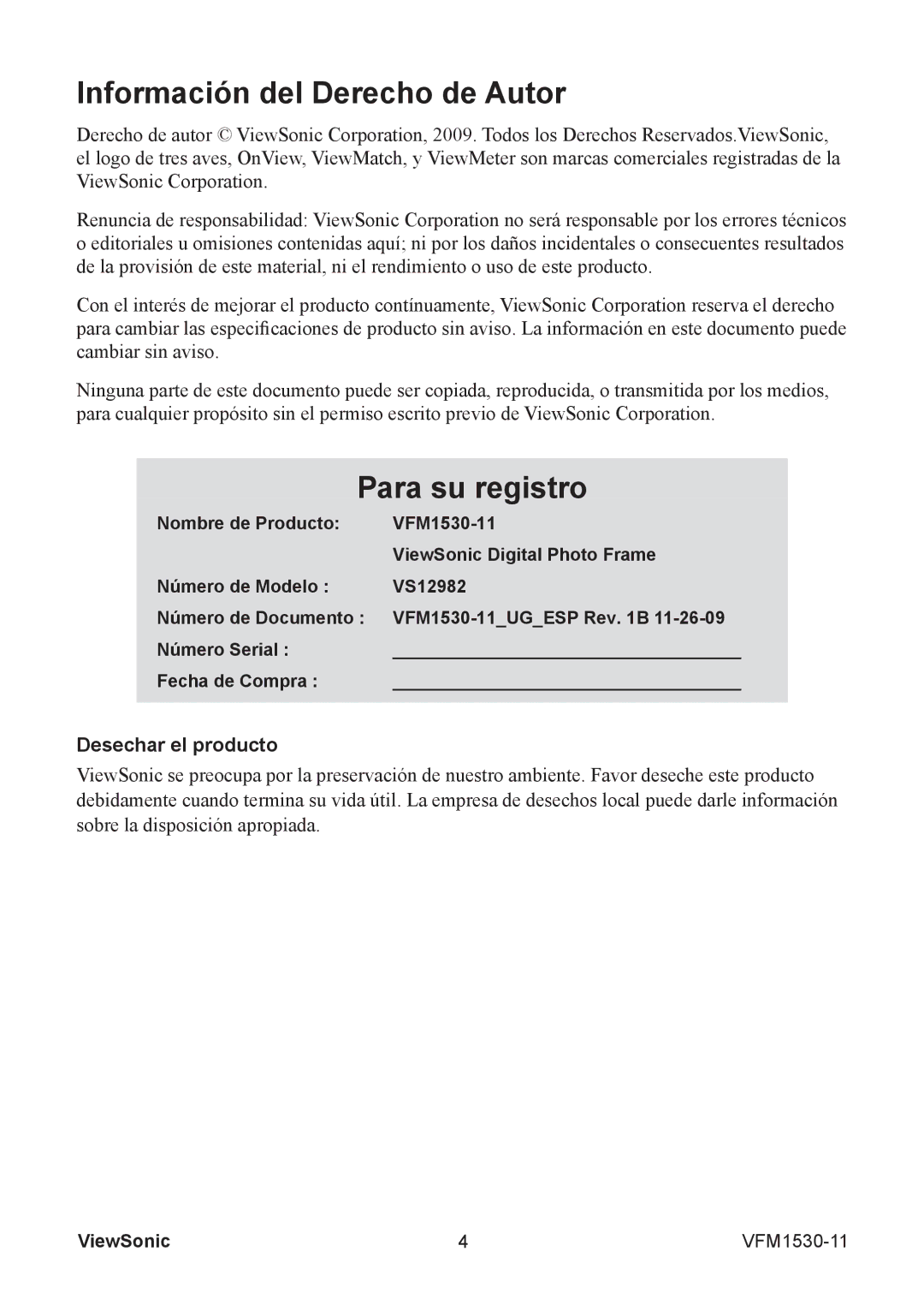 ViewSonic VS12982 warranty Información del Derecho de Autor, Para su registro 