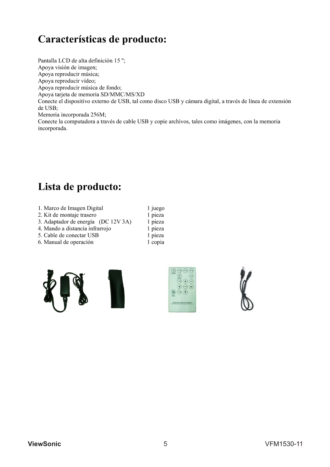 ViewSonic VS12982 warranty Características de producto, Lista de producto 