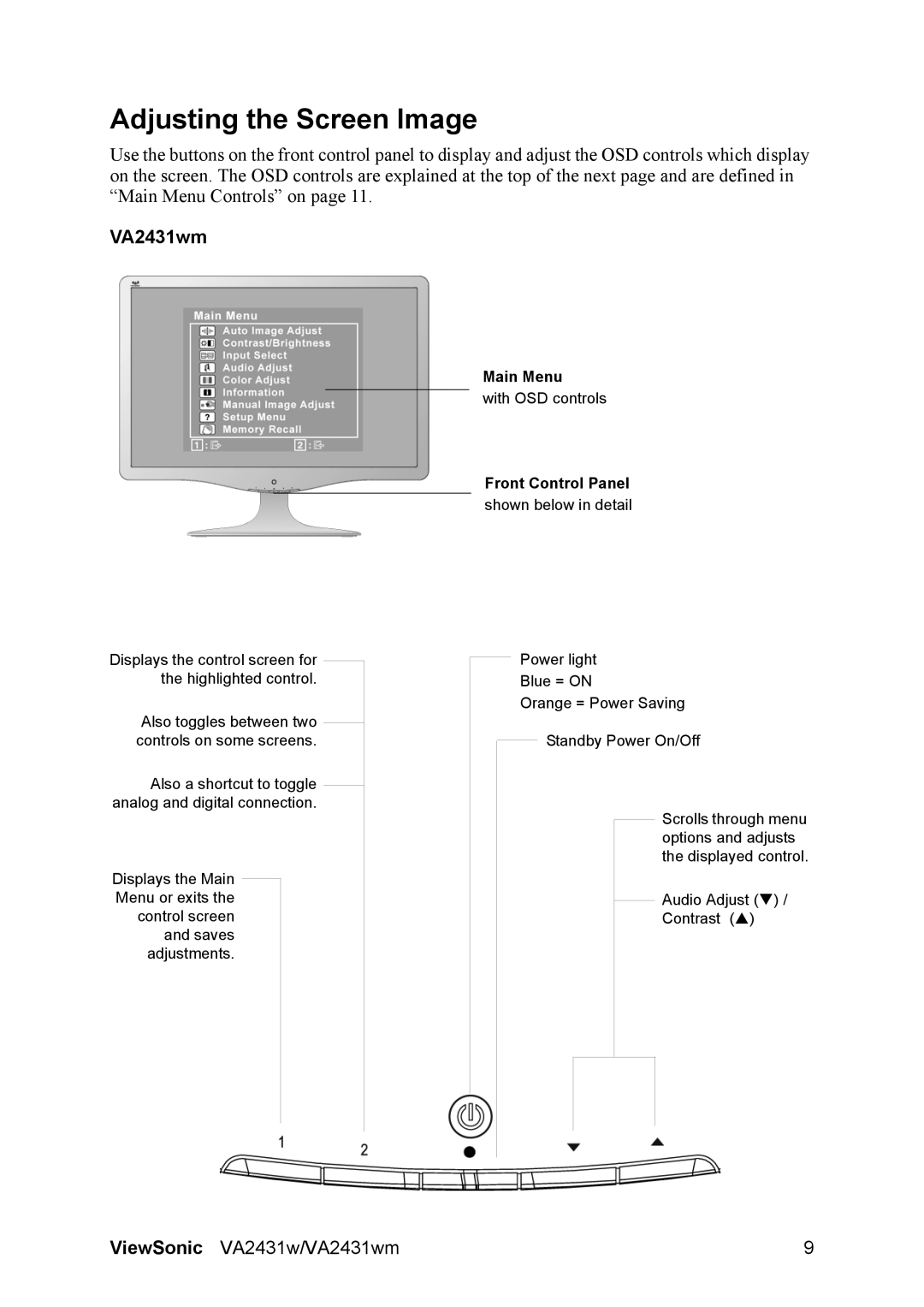 ViewSonic VS12996, VA2431WM warranty Adjusting the Screen Image, VA2431wm 