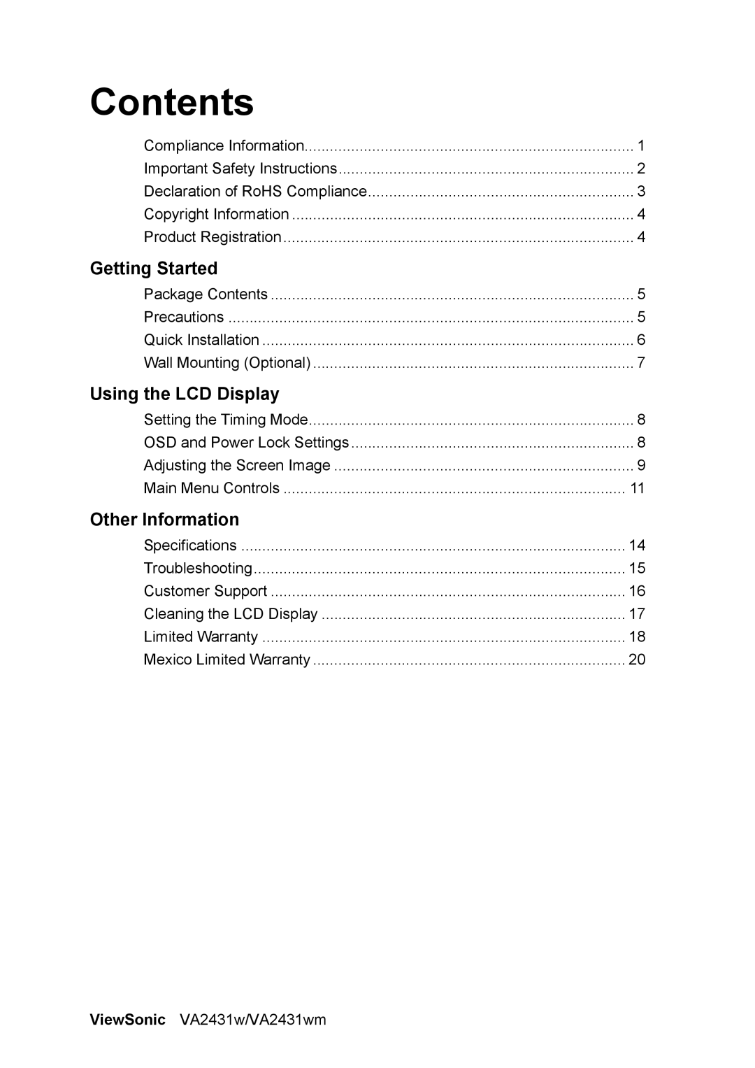 ViewSonic VA2431WM, VS12996 warranty Contents 