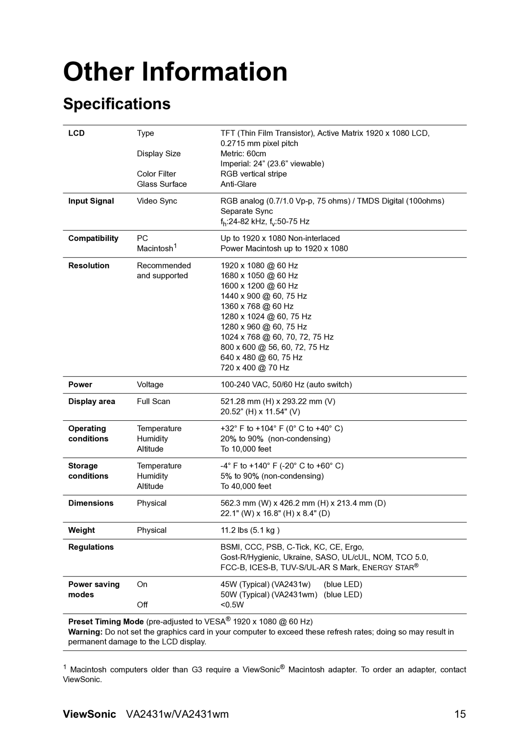 ViewSonic VS12996 warranty Other Information, Specifications 