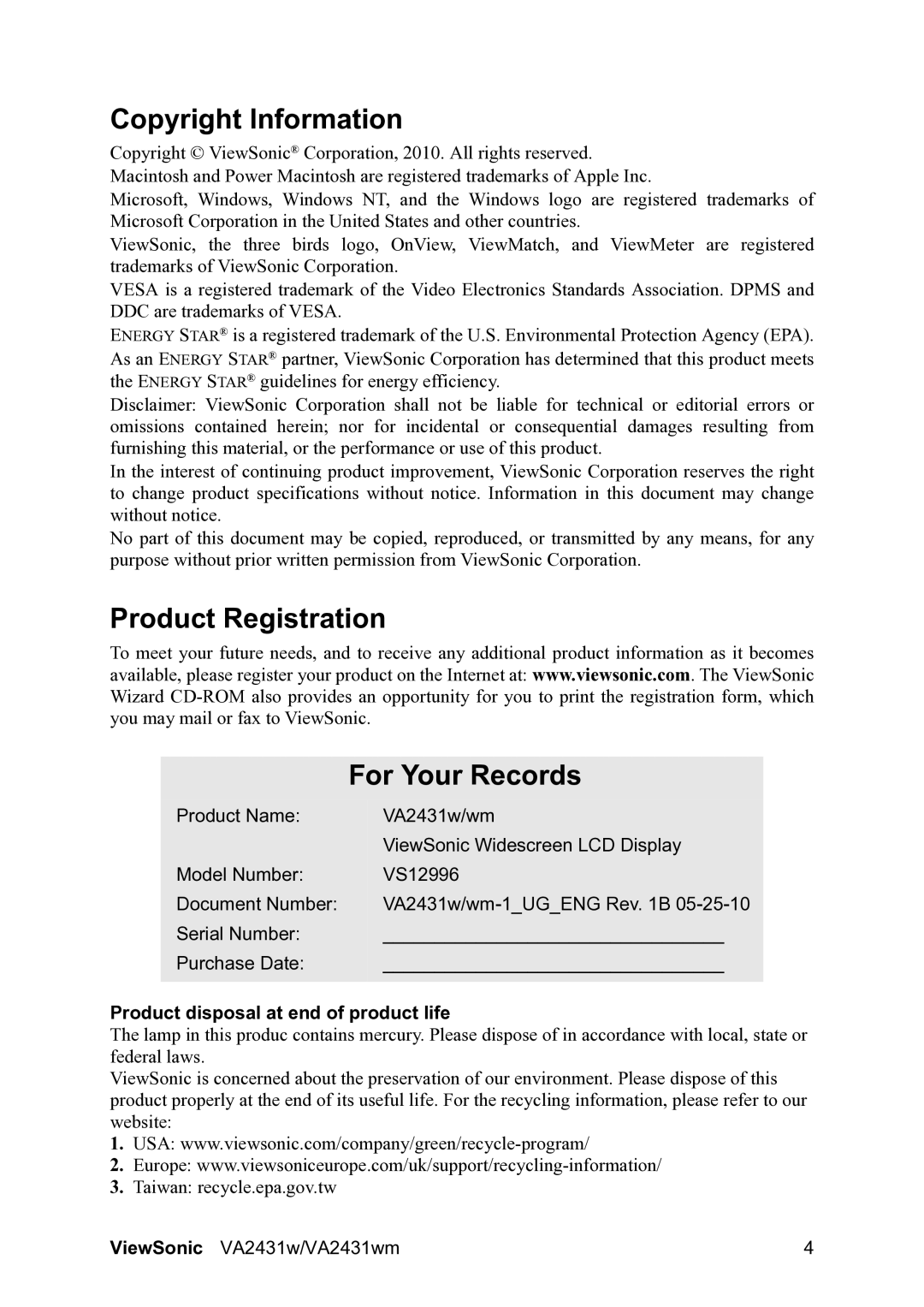 ViewSonic VS12996 Copyright Information, Product Registration For Your Records, Product disposal at end of product life 