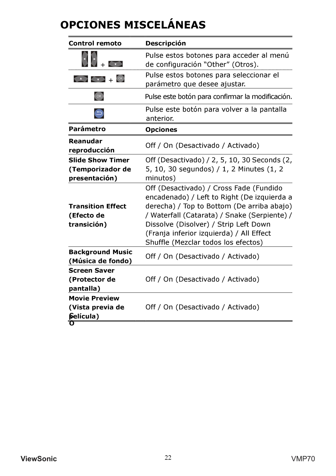ViewSonic VS13041 manual Opciones Misceláneas 