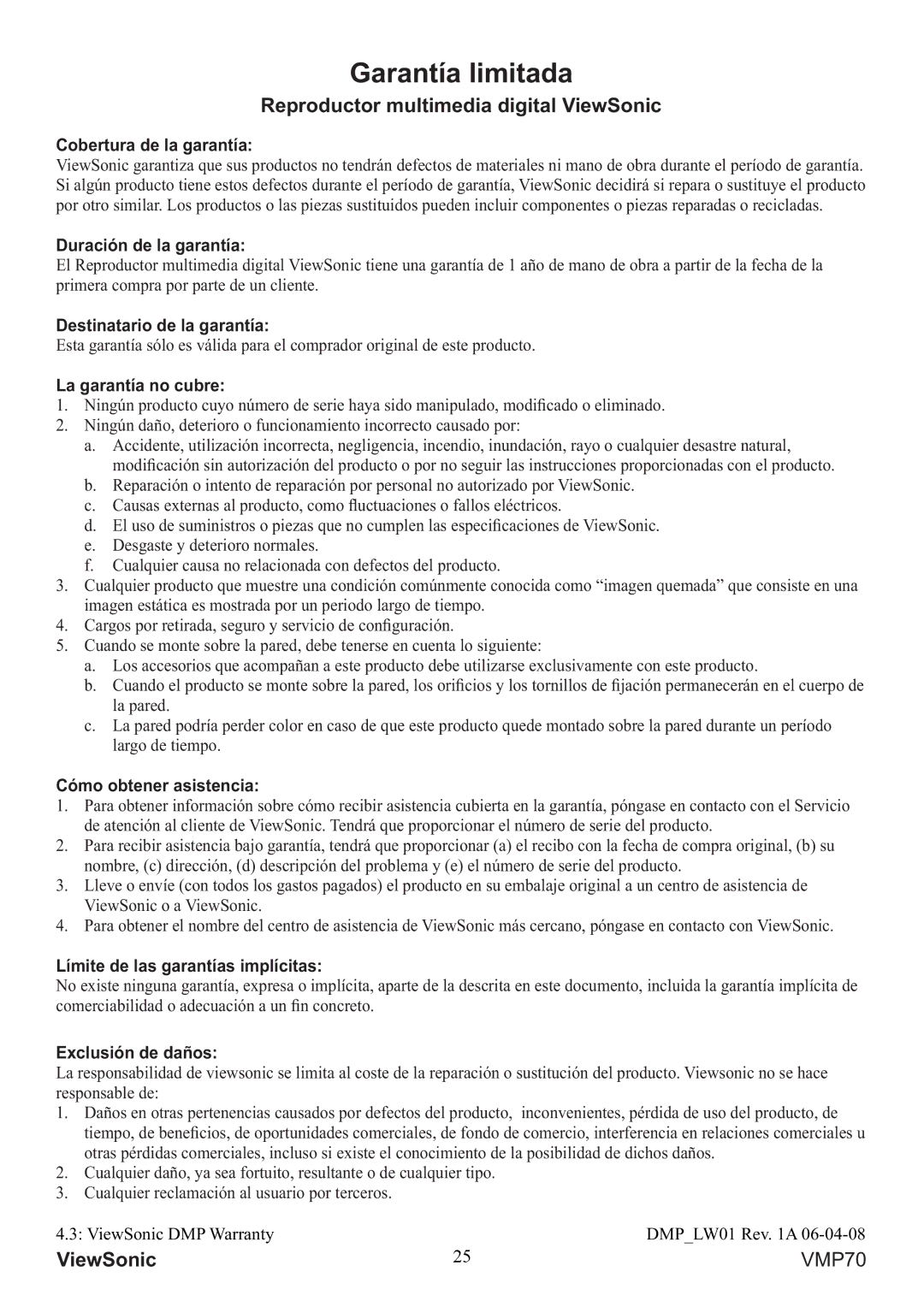 ViewSonic VS13041 manual Garantía limitada, Reproductor multimedia digital ViewSonic 