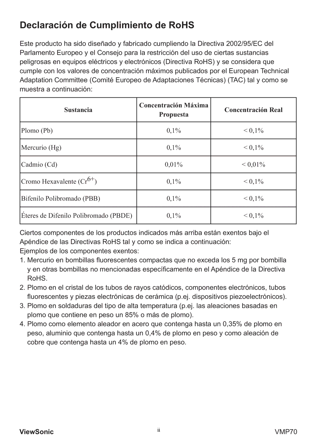 ViewSonic VS13041 manual Declaración de Cumplimiento de RoHS, Sustancia Concentración Máxima Concentración Real 