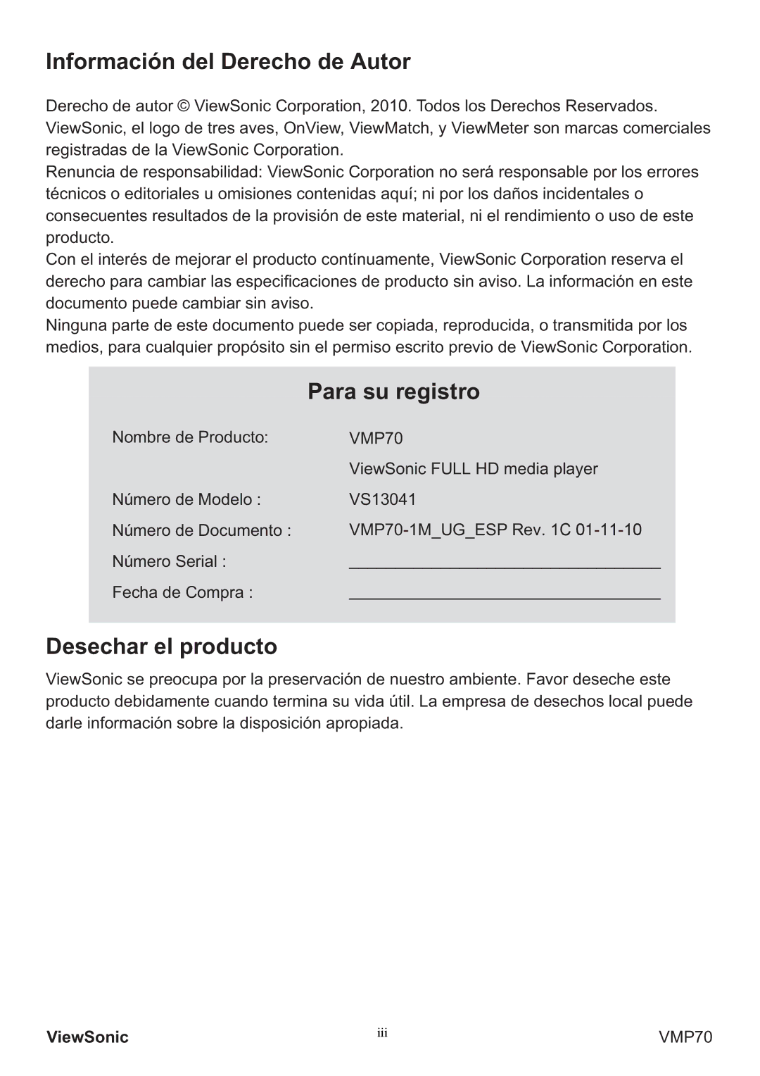 ViewSonic VS13041 manual Información del Derecho de Autor, Para su registro, Desechar el producto 