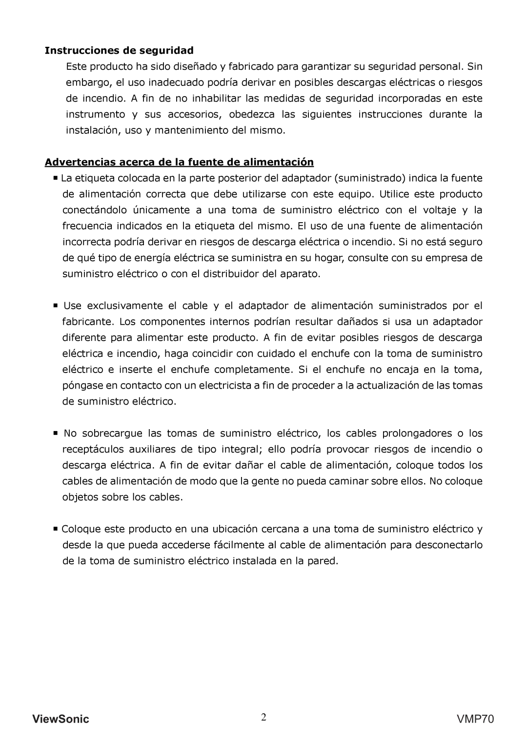 ViewSonic VS13041 manual Instrucciones de seguridad, Advertencias acerca de la fuente de alimentación 