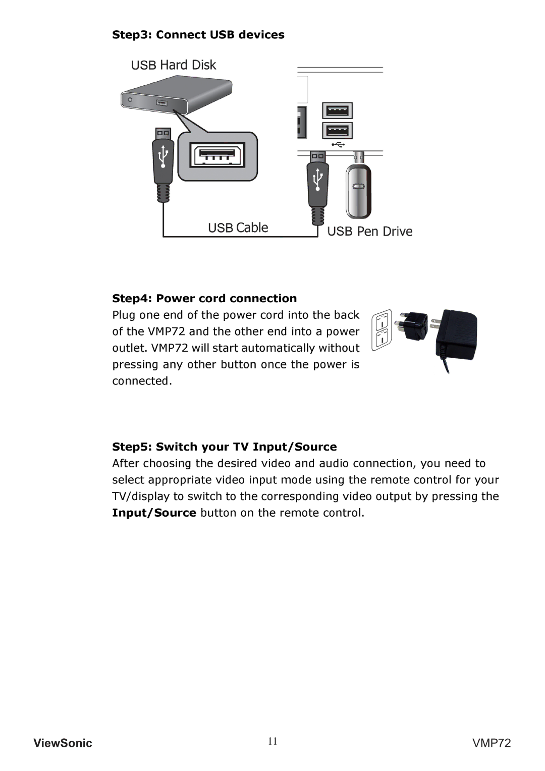 ViewSonic VS13057 manual Connect USB devices Power cord connection 