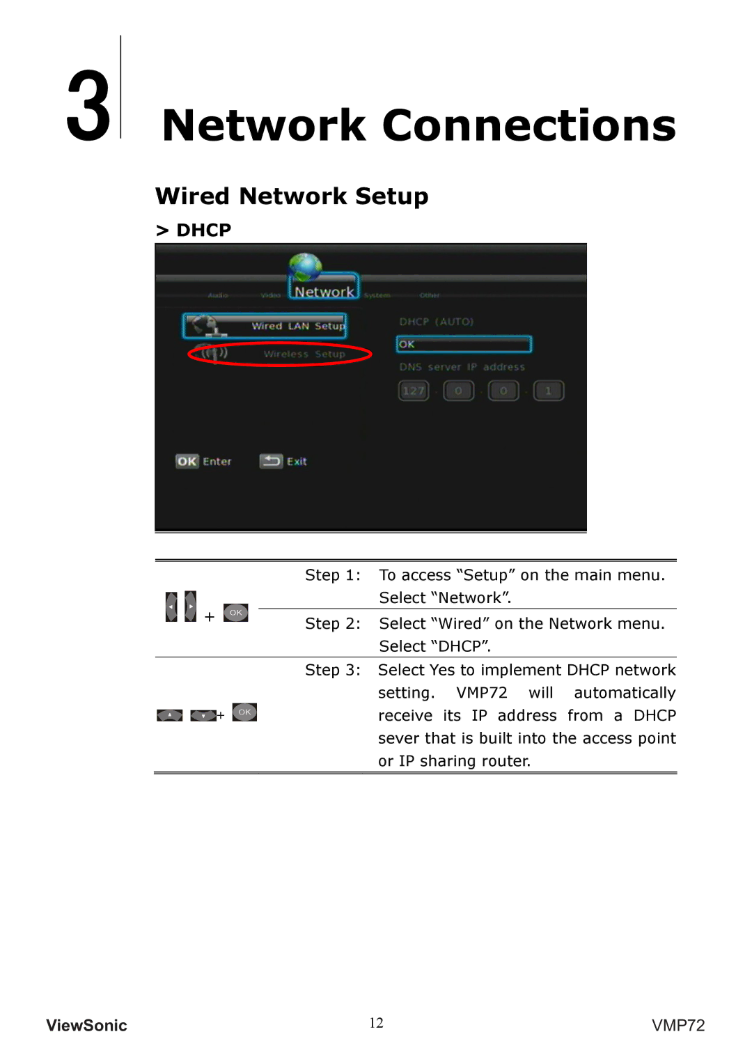 ViewSonic VS13057 manual Network Connections, Wired Network Setup 