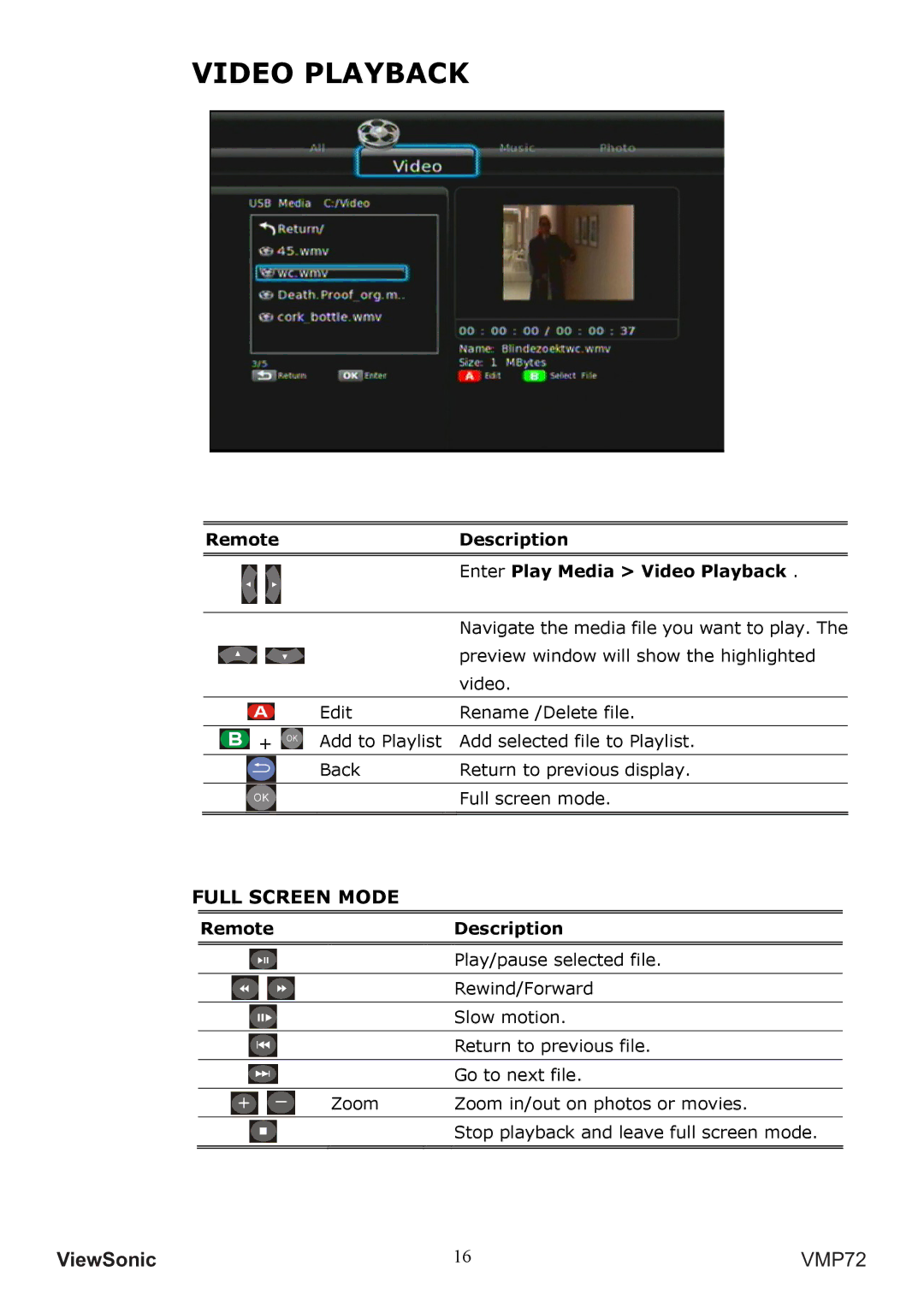 ViewSonic VS13057 manual Remote Description Enter Play Media Video Playback, RemoteDescription 