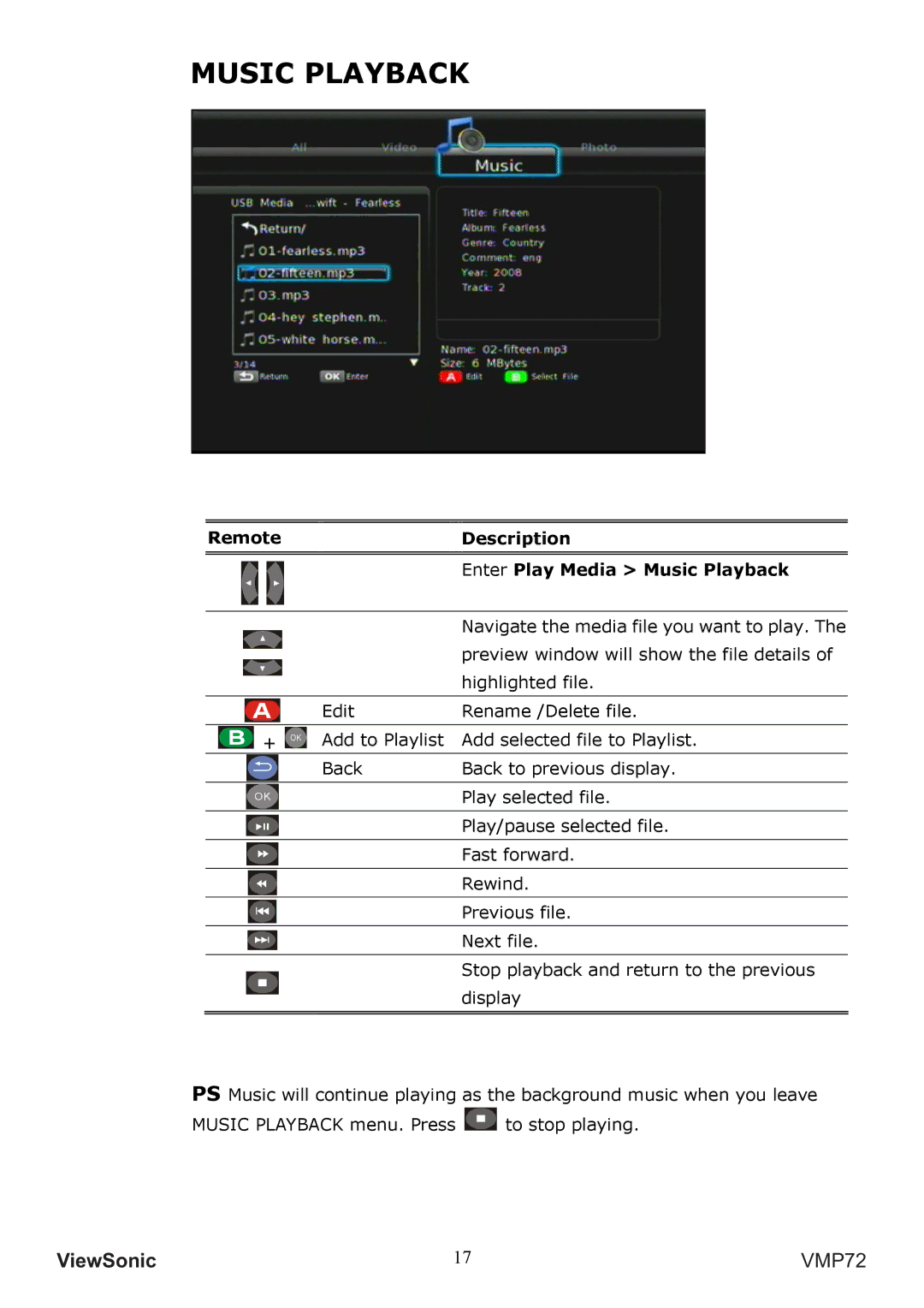 ViewSonic VS13057 manual Remote Description Enter Play Media Music Playback 