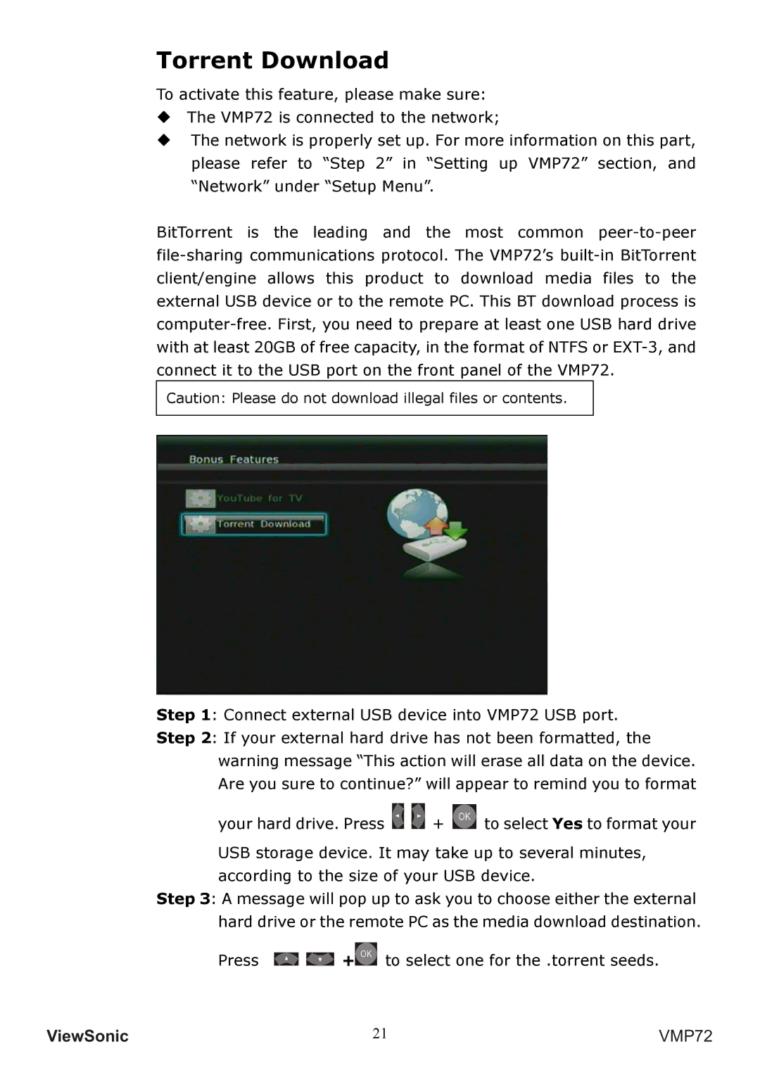 ViewSonic VS13057 manual Torrent Download, Connect external USB device into VMP72 USB port 